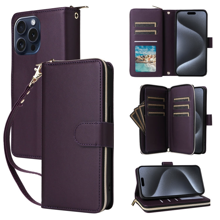 Nine-card Slots Zipper Wallet Bag Leather Phone Case, For iPhone 16e, For iPhone 16 Pro Max, For iPhone 16 Pro, For iPhone 16 Plus, For iPhone 16, For iPhone 15 Pro Max