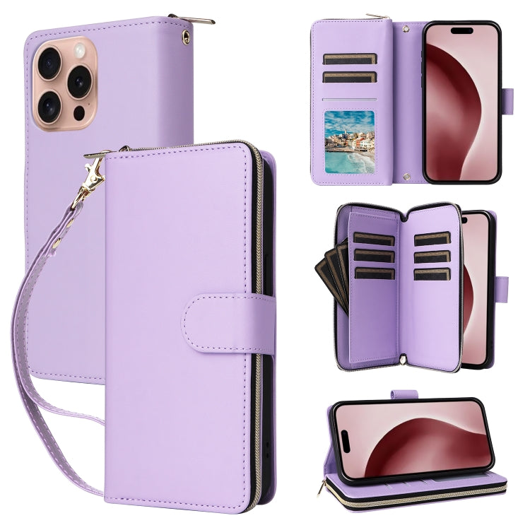 Nine-card Slots Zipper Wallet Bag Leather Phone Case, For iPhone 16e, For iPhone 16 Pro Max, For iPhone 16 Pro, For iPhone 16 Plus, For iPhone 16, For iPhone 15 Pro Max