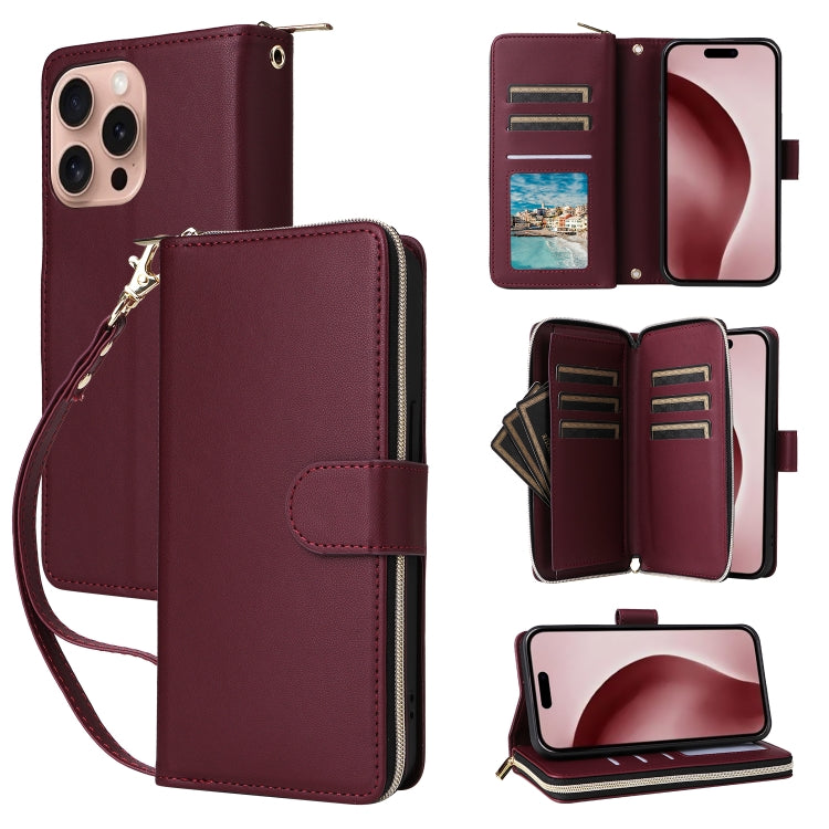 Nine-card Slots Zipper Wallet Bag Leather Phone Case, For iPhone 16e, For iPhone 16 Pro Max, For iPhone 16 Pro, For iPhone 16 Plus, For iPhone 16, For iPhone 15 Pro Max