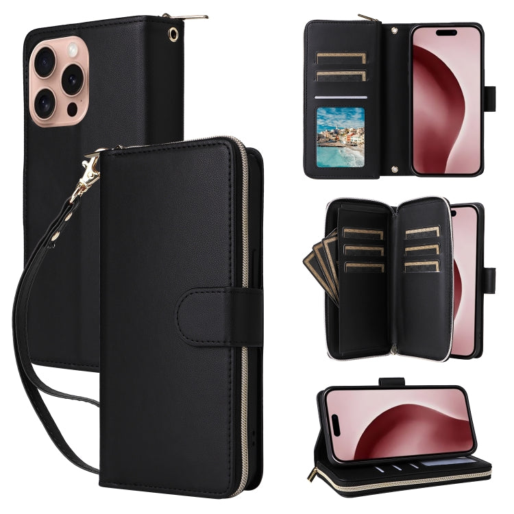 Nine-card Slots Zipper Wallet Bag Leather Phone Case, For iPhone 16e, For iPhone 16 Pro Max, For iPhone 16 Pro, For iPhone 16 Plus, For iPhone 16, For iPhone 15 Pro Max