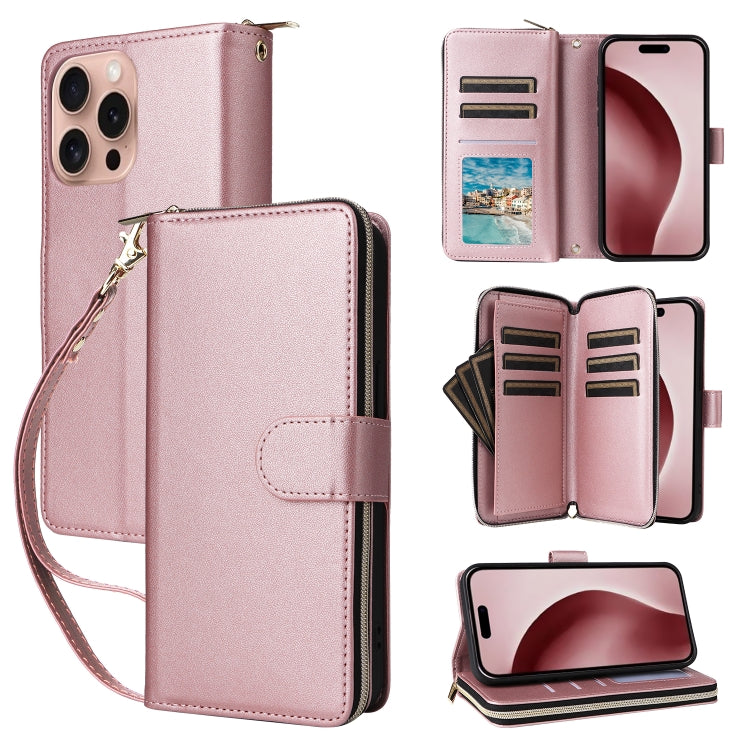 Nine-card Slots Zipper Wallet Bag Leather Phone Case, For iPhone 16e, For iPhone 16 Pro Max, For iPhone 16 Pro, For iPhone 16 Plus, For iPhone 16, For iPhone 15 Pro Max