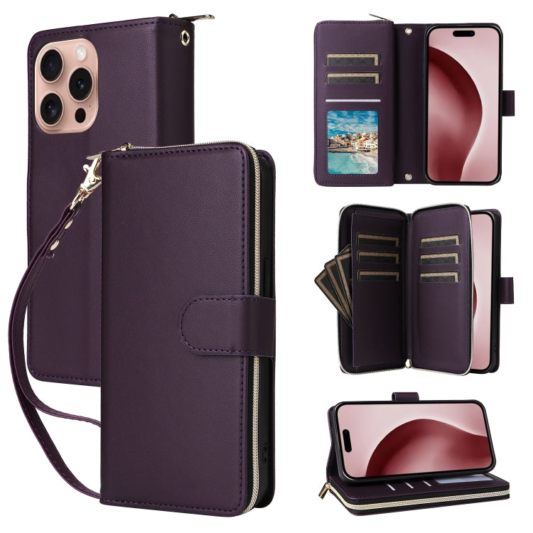 Nine-card Slots Zipper Wallet Bag Leather Phone Case, For iPhone 16e, For iPhone 16 Pro Max, For iPhone 16 Pro, For iPhone 16 Plus, For iPhone 16, For iPhone 15 Pro Max