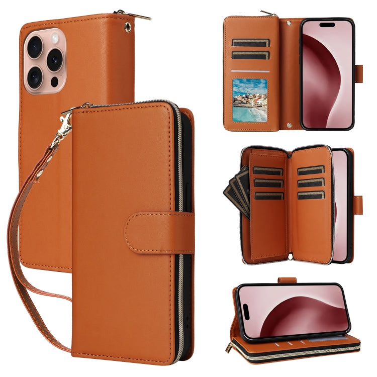 Nine-card Slots Zipper Wallet Bag Leather Phone Case, For iPhone 16e, For iPhone 16 Pro Max, For iPhone 16 Pro, For iPhone 16 Plus, For iPhone 16, For iPhone 15 Pro Max