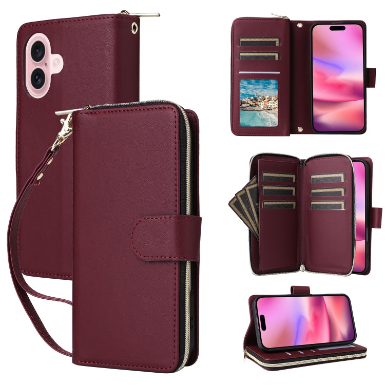 Nine-card Slots Zipper Wallet Bag Leather Phone Case, For iPhone 16e, For iPhone 16 Pro Max, For iPhone 16 Pro, For iPhone 16 Plus, For iPhone 16, For iPhone 15 Pro Max