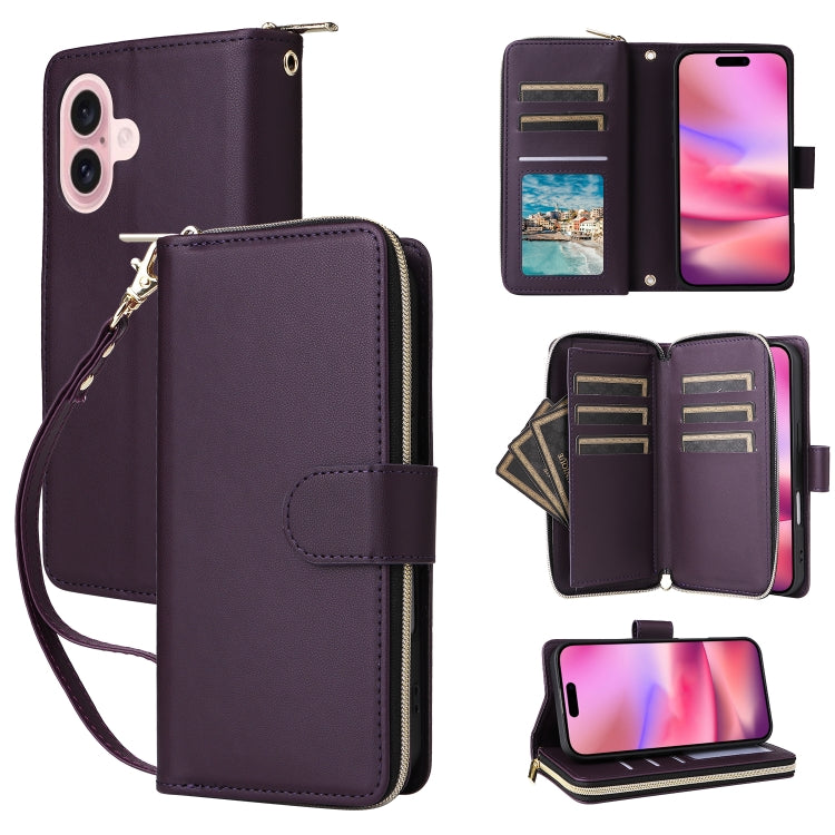 Nine-card Slots Zipper Wallet Bag Leather Phone Case, For iPhone 16e, For iPhone 16 Pro Max, For iPhone 16 Pro, For iPhone 16 Plus, For iPhone 16, For iPhone 15 Pro Max