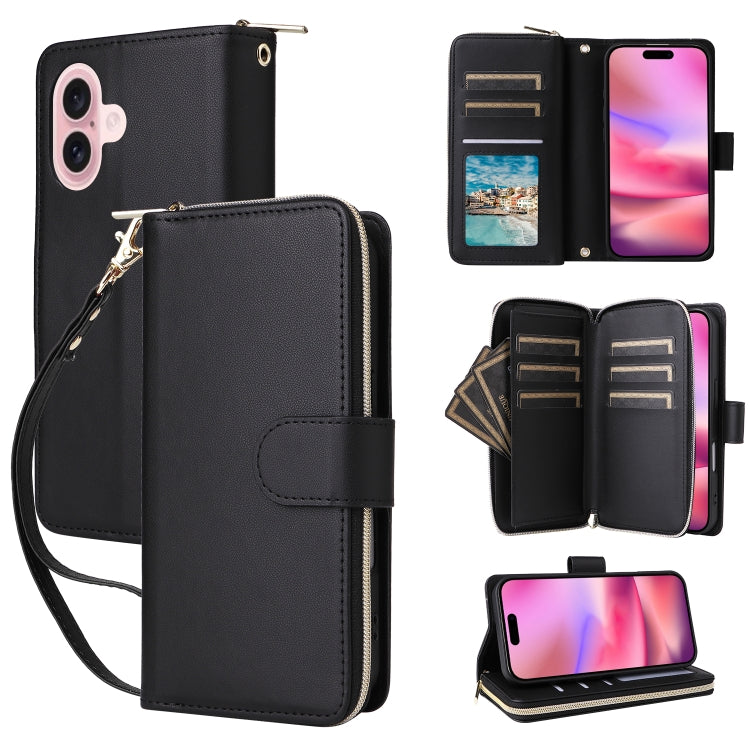 Nine-card Slots Zipper Wallet Bag Leather Phone Case, For iPhone 16e, For iPhone 16 Pro Max, For iPhone 16 Pro, For iPhone 16 Plus, For iPhone 16, For iPhone 15 Pro Max