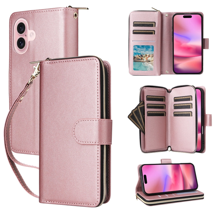 Nine-card Slots Zipper Wallet Bag Leather Phone Case, For iPhone 16e, For iPhone 16 Pro Max, For iPhone 16 Pro, For iPhone 16 Plus, For iPhone 16, For iPhone 15 Pro Max