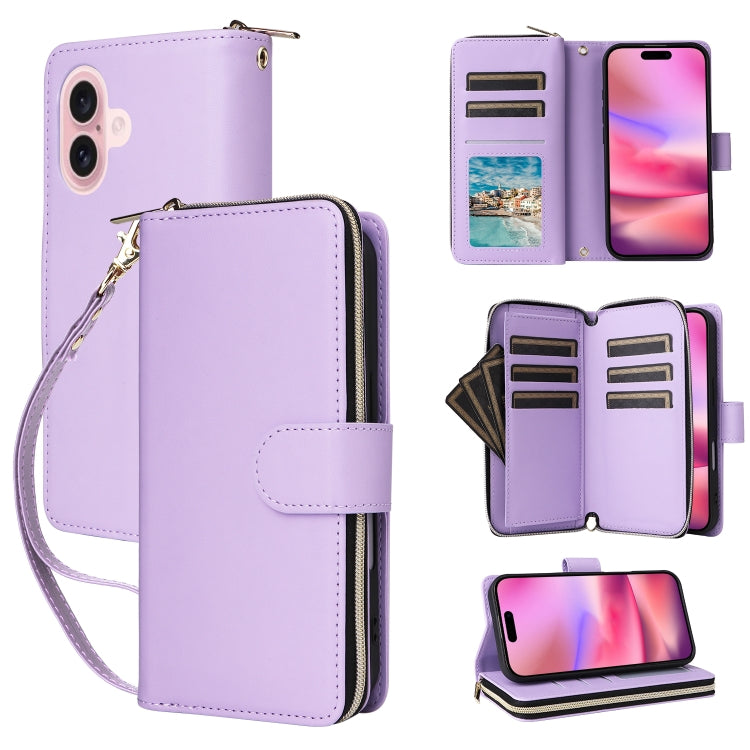 Nine-card Slots Zipper Wallet Bag Leather Phone Case, For iPhone 16e, For iPhone 16 Pro Max, For iPhone 16 Pro, For iPhone 16 Plus, For iPhone 16, For iPhone 15 Pro Max