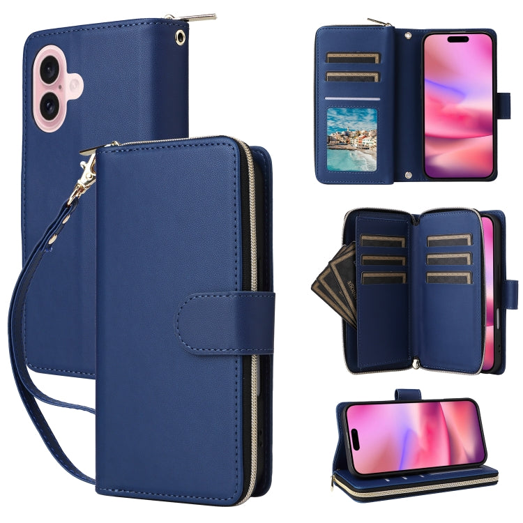 Nine-card Slots Zipper Wallet Bag Leather Phone Case, For iPhone 16e, For iPhone 16 Pro Max, For iPhone 16 Pro, For iPhone 16 Plus, For iPhone 16, For iPhone 15 Pro Max