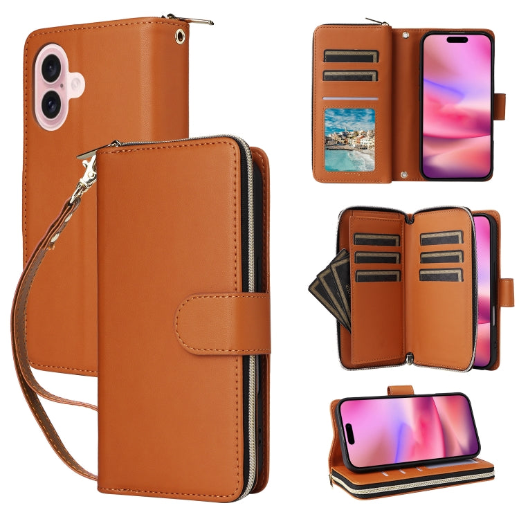 Nine-card Slots Zipper Wallet Bag Leather Phone Case, For iPhone 16e, For iPhone 16 Pro Max, For iPhone 16 Pro, For iPhone 16 Plus, For iPhone 16, For iPhone 15 Pro Max