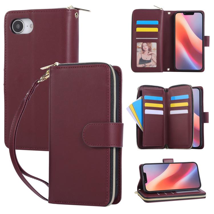 Nine-card Slots Zipper Wallet Bag Leather Phone Case, For iPhone 16e, For iPhone 16 Pro Max, For iPhone 16 Pro, For iPhone 16 Plus, For iPhone 16, For iPhone 15 Pro Max