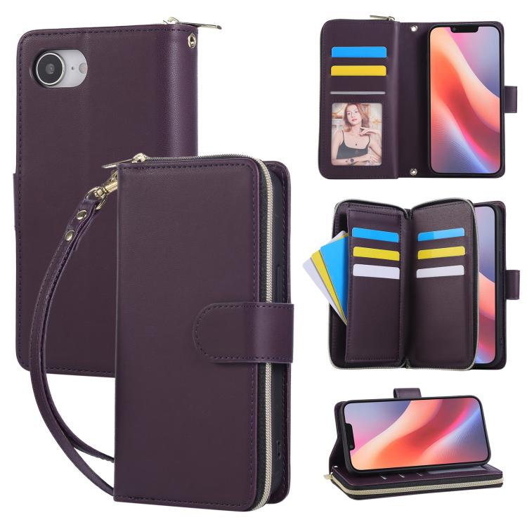 Nine-card Slots Zipper Wallet Bag Leather Phone Case, For iPhone 16e, For iPhone 16 Pro Max, For iPhone 16 Pro, For iPhone 16 Plus, For iPhone 16, For iPhone 15 Pro Max