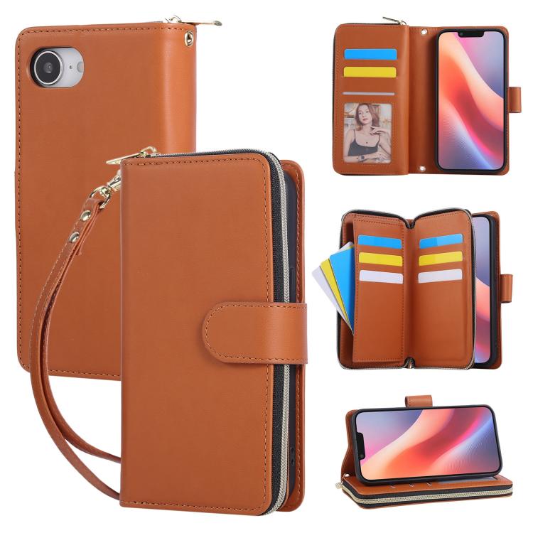 Nine-card Slots Zipper Wallet Bag Leather Phone Case, For iPhone 16e, For iPhone 16 Pro Max, For iPhone 16 Pro, For iPhone 16 Plus, For iPhone 16, For iPhone 15 Pro Max