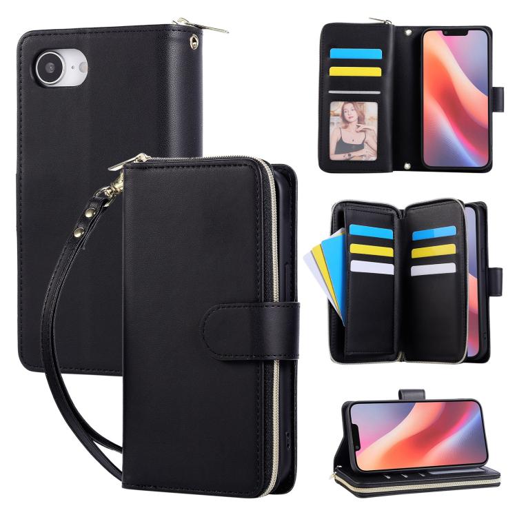 Nine-card Slots Zipper Wallet Bag Leather Phone Case, For iPhone 16e, For iPhone 16 Pro Max, For iPhone 16 Pro, For iPhone 16 Plus, For iPhone 16, For iPhone 15 Pro Max