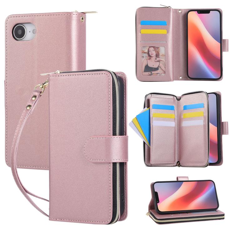 Nine-card Slots Zipper Wallet Bag Leather Phone Case, For iPhone 16e, For iPhone 16 Pro Max, For iPhone 16 Pro, For iPhone 16 Plus, For iPhone 16, For iPhone 15 Pro Max