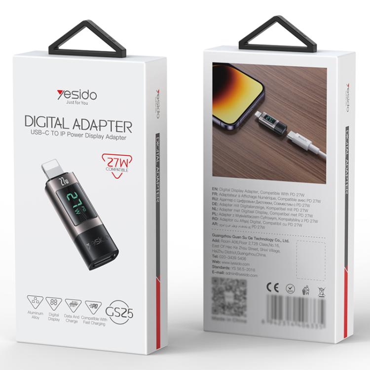Yesido GS25 27W USB-C / Type-C to 8 Pin Aluminum Alloy Digital Display Adapter, Type-C to 8 Pin