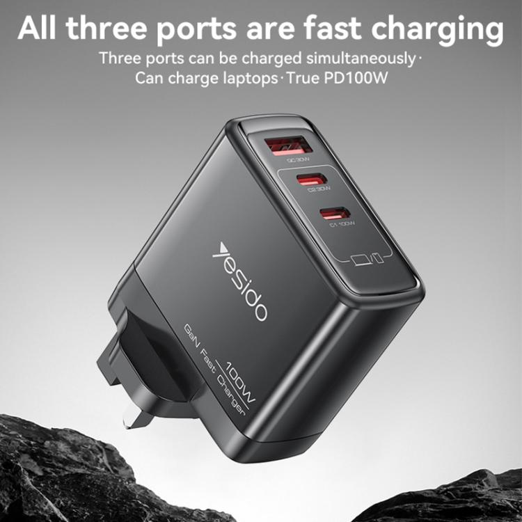 Yesido YC95 PD100W 2 USB-C , USB-A Three Ports GaN Fast Charger, UK Plug
