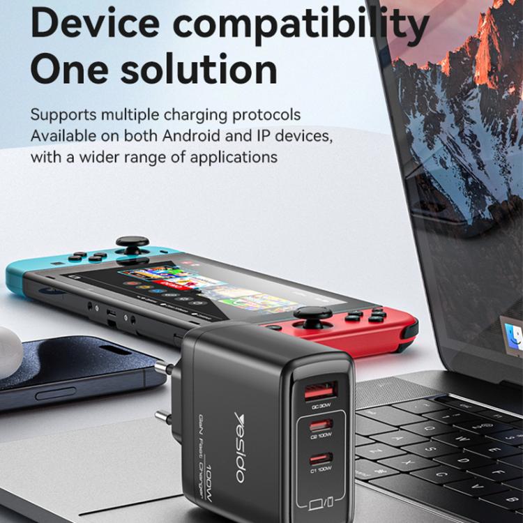 Yesido YC95 PD100W 2 USB-C , USB-A Three Ports GaN Fast Charger, UK Plug