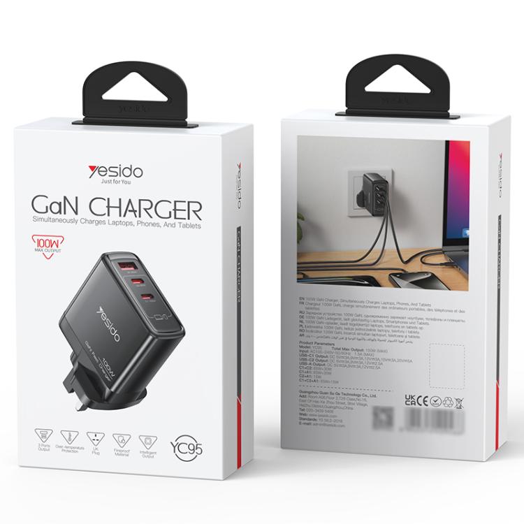 Yesido YC95 PD100W 2 USB-C , USB-A Three Ports GaN Fast Charger, UK Plug