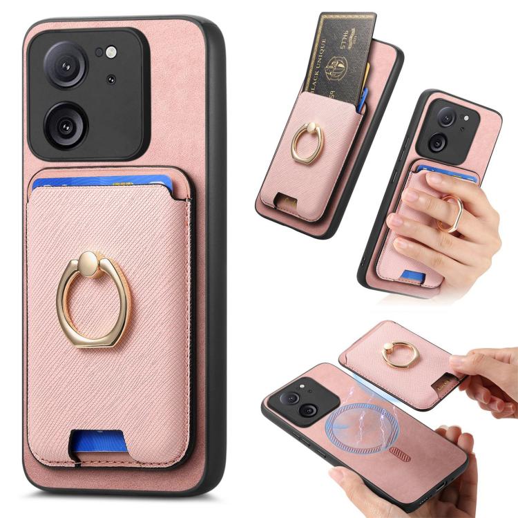 Retro Cross Leather Ring Vertical Insert Card Bag MagSafe Phone Case, For Redmi Note 13 Pro+ 5G, For Redmi K60 Ultra, For Xiaomi 13T Pro 5G, For Xiaomi 13T 5G, For Redmi Note 13 Pro 4G / Poco M6 Pro 4G, For Redmi K70E / Poco X6 Pro 5G