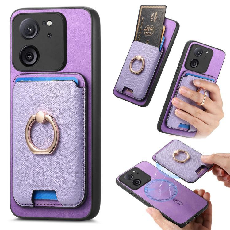 Retro Cross Leather Ring Vertical Insert Card Bag MagSafe Phone Case, For Redmi Note 13 Pro+ 5G, For Redmi K60 Ultra, For Xiaomi 13T Pro 5G, For Xiaomi 13T 5G, For Redmi Note 13 Pro 4G / Poco M6 Pro 4G, For Redmi K70E / Poco X6 Pro 5G