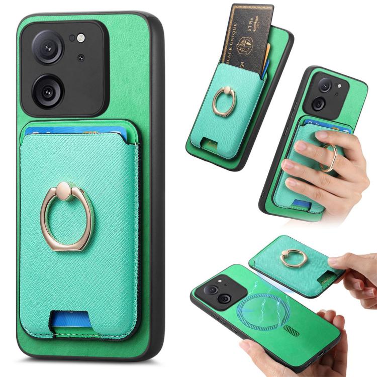 Retro Cross Leather Ring Vertical Insert Card Bag MagSafe Phone Case, For Redmi Note 13 Pro+ 5G, For Redmi K60 Ultra, For Xiaomi 13T Pro 5G, For Xiaomi 13T 5G, For Redmi Note 13 Pro 4G / Poco M6 Pro 4G, For Redmi K70E / Poco X6 Pro 5G