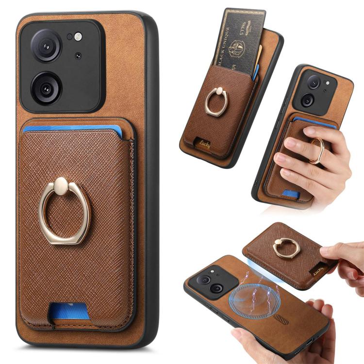 Retro Cross Leather Ring Vertical Insert Card Bag MagSafe Phone Case, For Redmi Note 13 Pro+ 5G, For Redmi K60 Ultra, For Xiaomi 13T Pro 5G, For Xiaomi 13T 5G, For Redmi Note 13 Pro 4G / Poco M6 Pro 4G, For Redmi K70E / Poco X6 Pro 5G