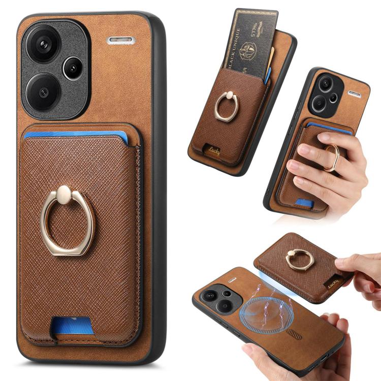 Retro Cross Leather Ring Vertical Insert Card Bag MagSafe Phone Case, For Redmi Note 13 Pro+ 5G, For Redmi K60 Ultra, For Xiaomi 13T Pro 5G, For Xiaomi 13T 5G, For Redmi Note 13 Pro 4G / Poco M6 Pro 4G, For Redmi K70E / Poco X6 Pro 5G