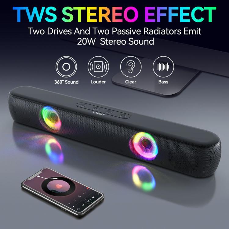 T-WOLF B320 TWS RGB Bluetooth 5.0 Speaker Desktop Soundbar Subwoofer Support USB / AUX / TF / FM, B320