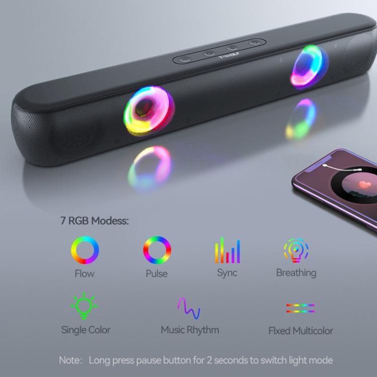 T-WOLF B320 TWS RGB Bluetooth 5.0 Speaker Desktop Soundbar Subwoofer Support USB / AUX / TF / FM, B320