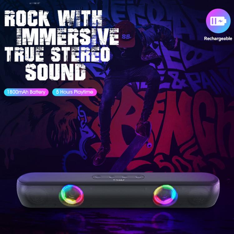 T-WOLF B320 TWS RGB Bluetooth 5.0 Speaker Desktop Soundbar Subwoofer Support USB / AUX / TF / FM, B320