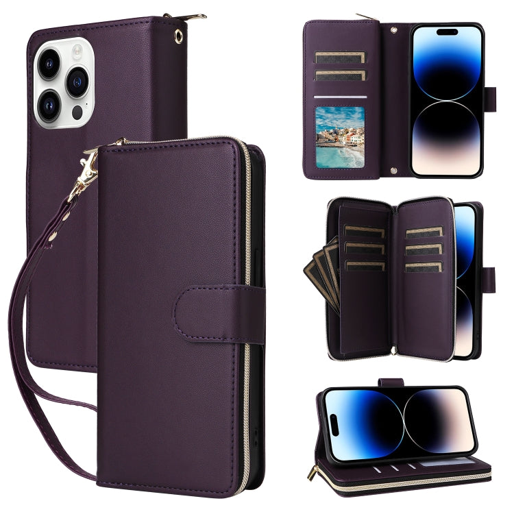 Nine-card Slots Zipper Wallet Bag Leather Phone Case, For iPhone 15 Pro, For iPhone 15 Plus / 14 Plus, For iPhone 15, For iPhone 14 / 13, For iPhone 14 Pro, For iPhone 14 Pro Max