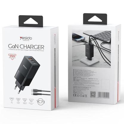 Yesido YC73 65W USB and USB-C / Type-C Dual Port GaN Fast Charger Set, EU Plug