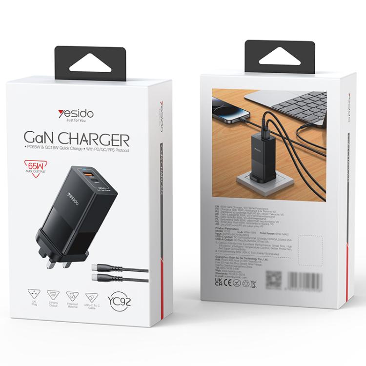 Yesido YC92 65W USB and USB-C / Type-C Dual Port GaN Fast Charger Set, UK Plug