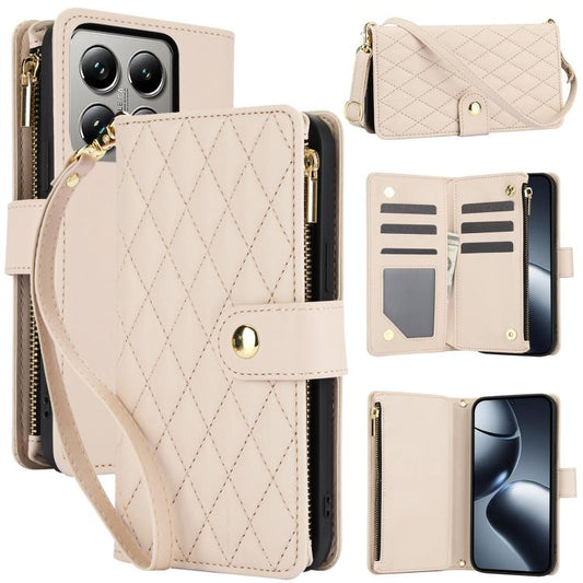 YM016 Rhombic Zipper Card Wallet Leather Phone Case with Lanyard, For Xiaomi 14T Pro 5G, For Xiaomi 14T 5G