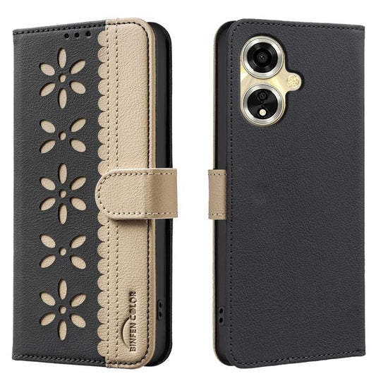 Splicing Color Hollow Flower Pattern RFID Leather Phone Case, For OPPO A59 5G, For OPPO Reno13 F 5G, For OPPO A60 4G, For OPPO Reno11 F, For OPPO A38 / A18, For OPPO A58 4G, For OPPO A78 4G, For OPPO A98 5G / F23 / A1