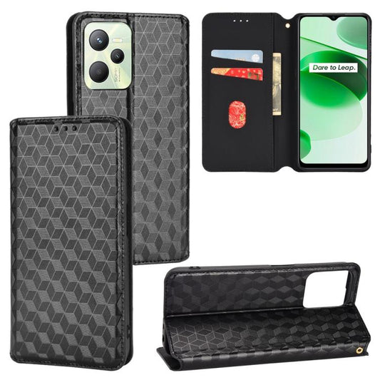 Cubic Grid Texture Flip Leather Phone Case, For Realme C35