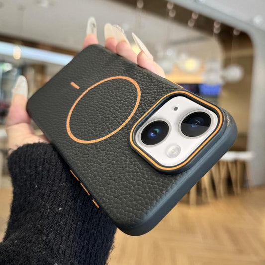 Orange Ring MagSafe Litchi Grain TPU Phone Case, For iPhone 14 Plus, For iPhone 14, For iPhone 14 Pro, For iPhone 14 Pro Max, For iPhone 13 Pro Max, For iPhone 13 Pro, For iPhone 13, For iPhone 12
