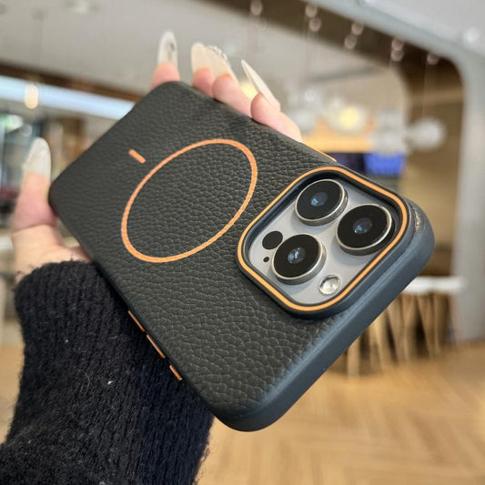 Orange Ring MagSafe Litchi Grain TPU Phone Case, For iPhone 16 Pro Max, For iPhone 16 Pro, For iPhone 16 Plus, For iPhone 16, For iPhone 15 Pro Max, For iPhone 15 Pro, For iPhone 15 Plus, For iPhone 15