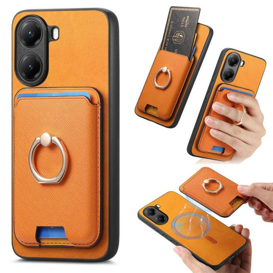 Retro Cross Leather Ring Vertical Insert Card Bag MagSafe Phone Case, For Redmi Turbo 4, For Xiaomi Poco X7 Pro, For Xiaomi 15 Pro, For Xiaomi 15, For Redmi Note 14 5G, For Xiaomi 14T Pro